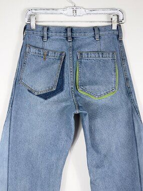 Reworked Wide Leg Jeans in Medium Blue with purple accent